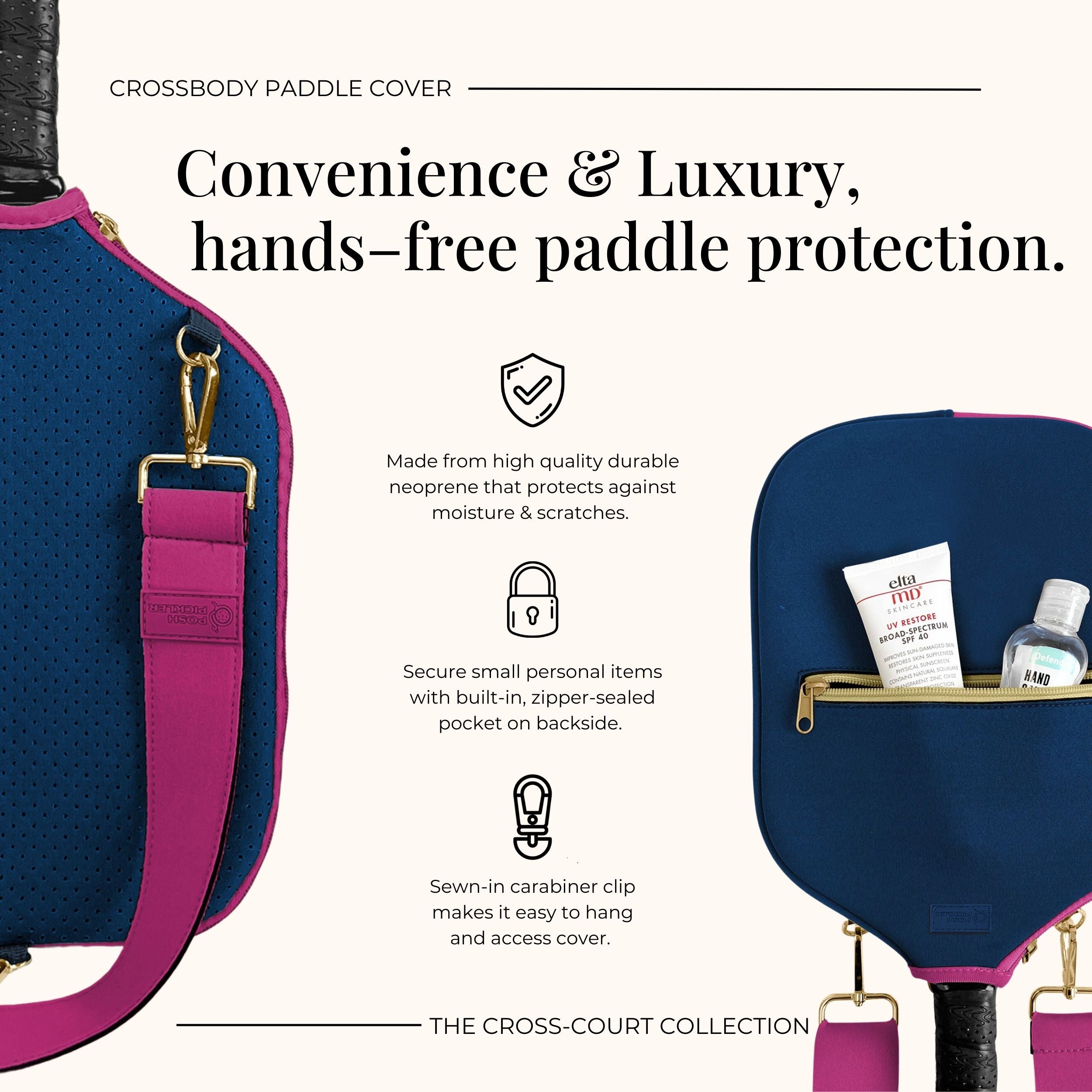 a blue and pink bag with a pink handle