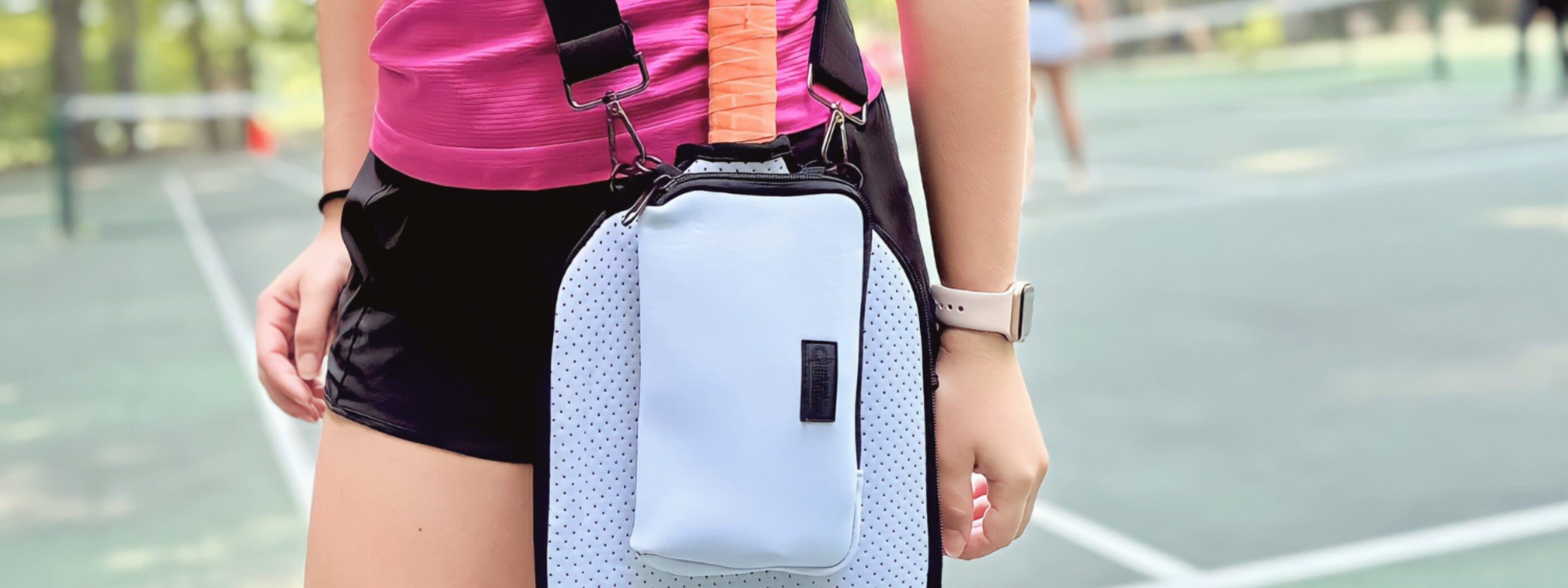 White crossbody Pickleball Paddle Cover with Clip on storage pouch