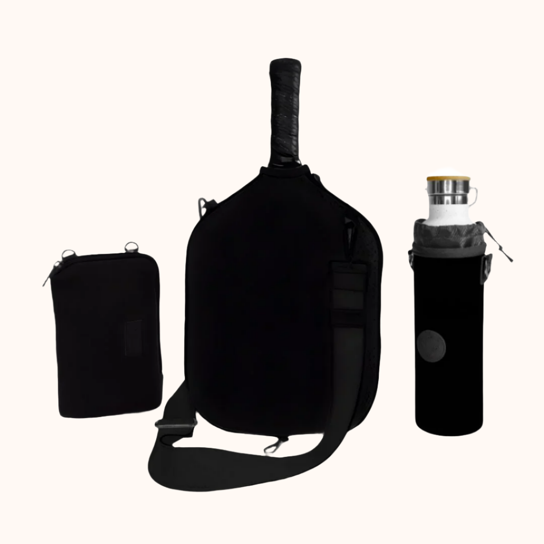 a black bottle and a black bag