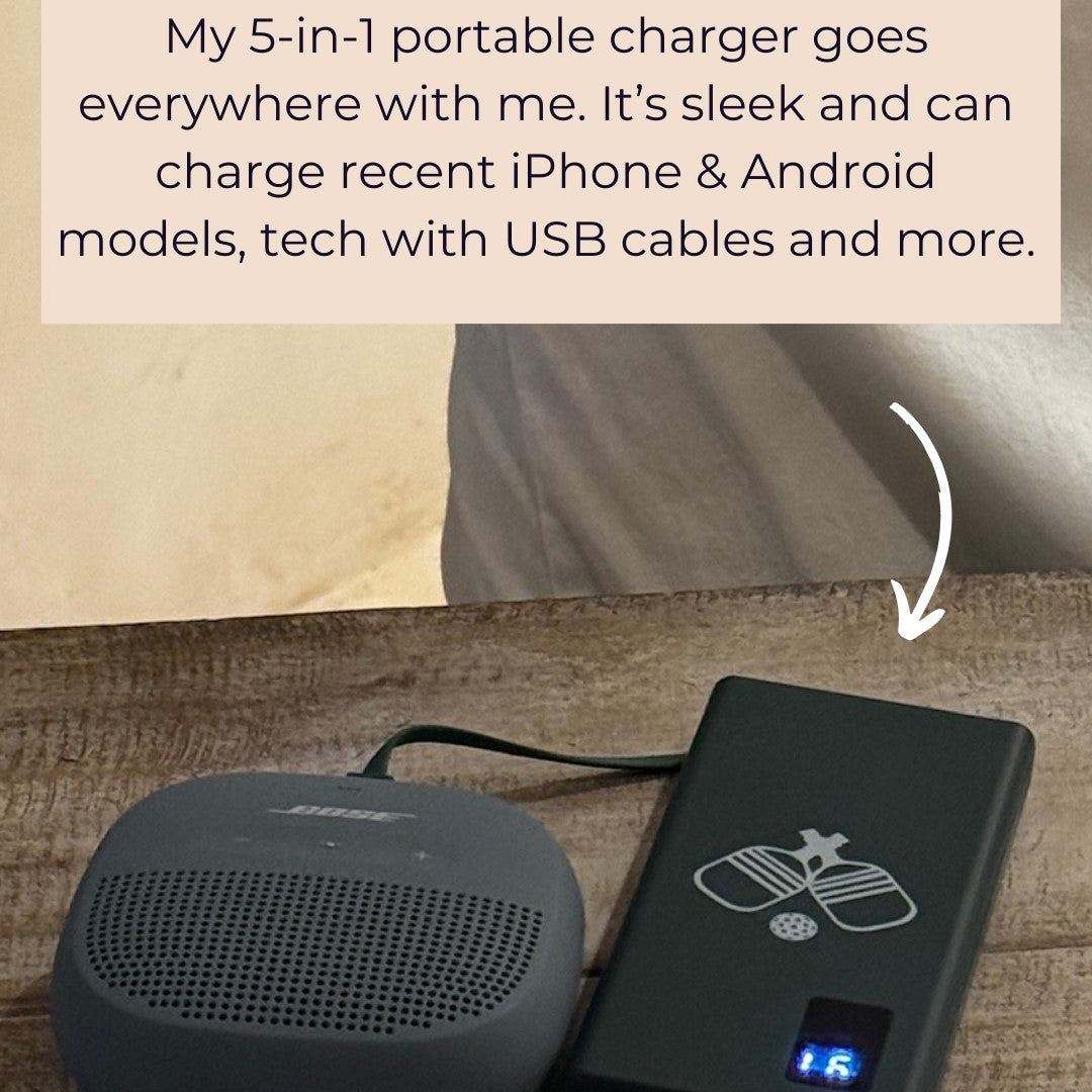 5-in-1 Portable Charger with built-in cords with Pickleball Paddle Design in Black