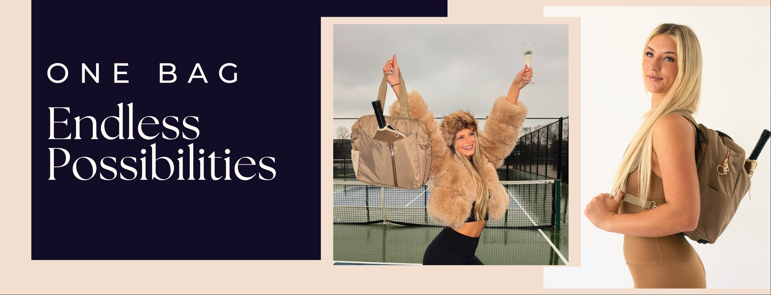 Promotional banner with 'One Bag, Endless Possibilities' text and images of a woman with a bag.