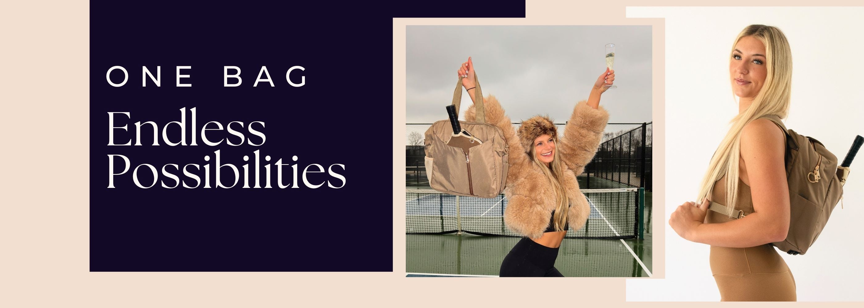 Promotional banner with 'One Bag, Endless Possibilities' text and images of a woman with a bag.