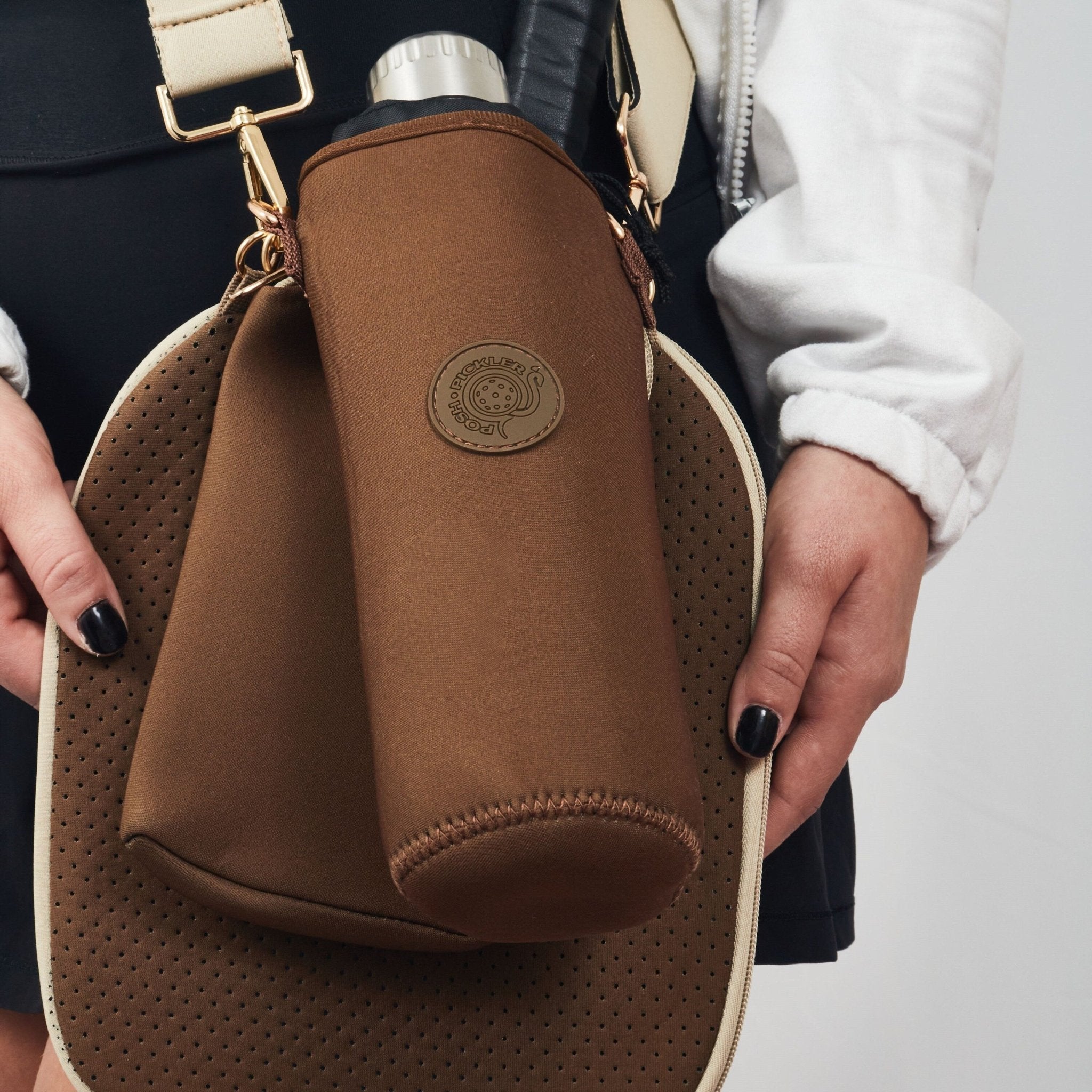 Pickleball Crossbody Gift Set - 3pc bundle in Brown.  Paddle Cover, Ball Pouch and extra Storage Pouch - Posh Pickler