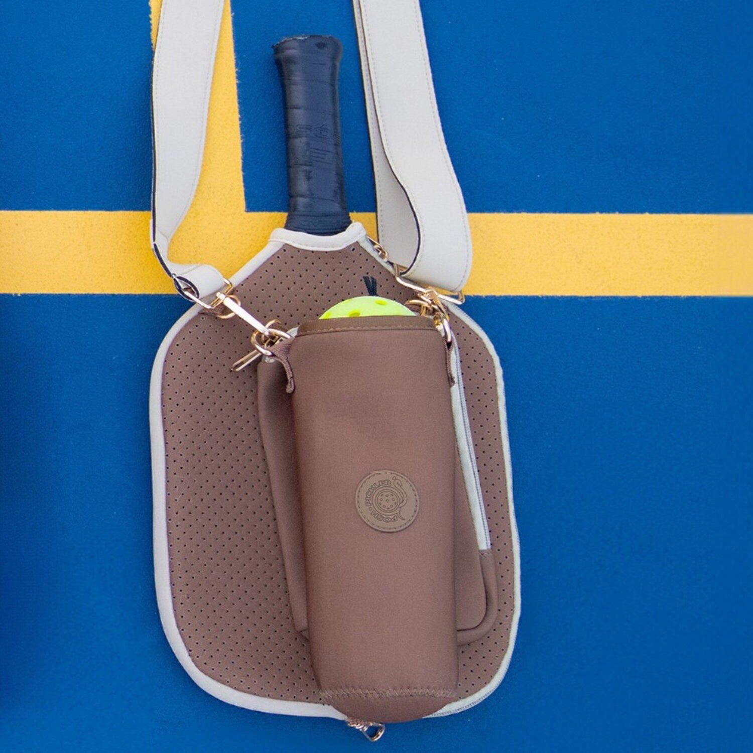 Pickleball Crossbody Gift Set - 3pc bundle in Brown.  Paddle Cover, Ball Pouch and extra Storage Pouch